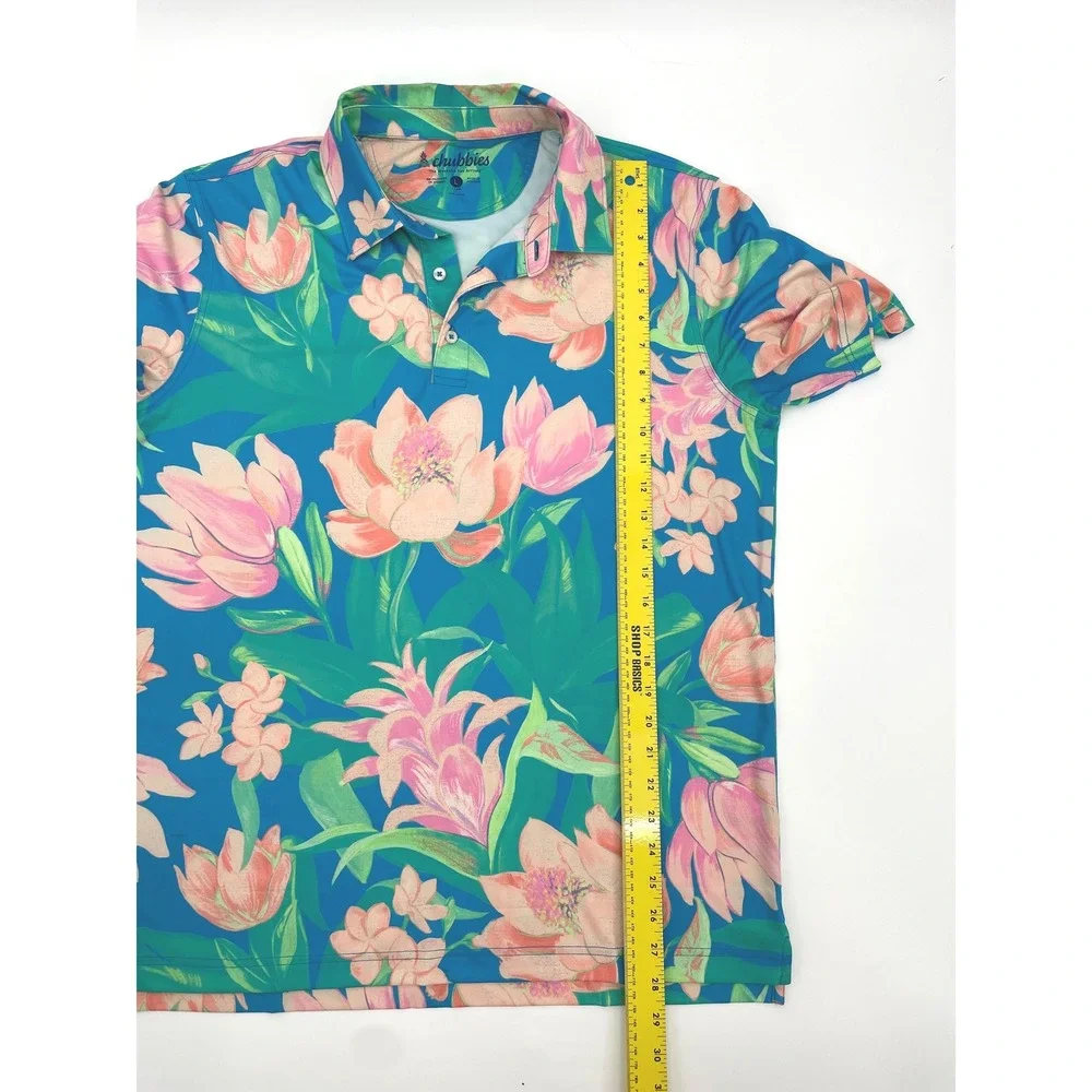 Chubbies Polo Shirt Mens Large Blue Floral Golf Performance Polo Tropical L